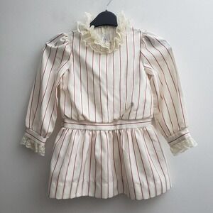 Vintage Union Made BOW AGE Top Girls 5 Cream Red STripes 3/4 Sleeves Ruffles